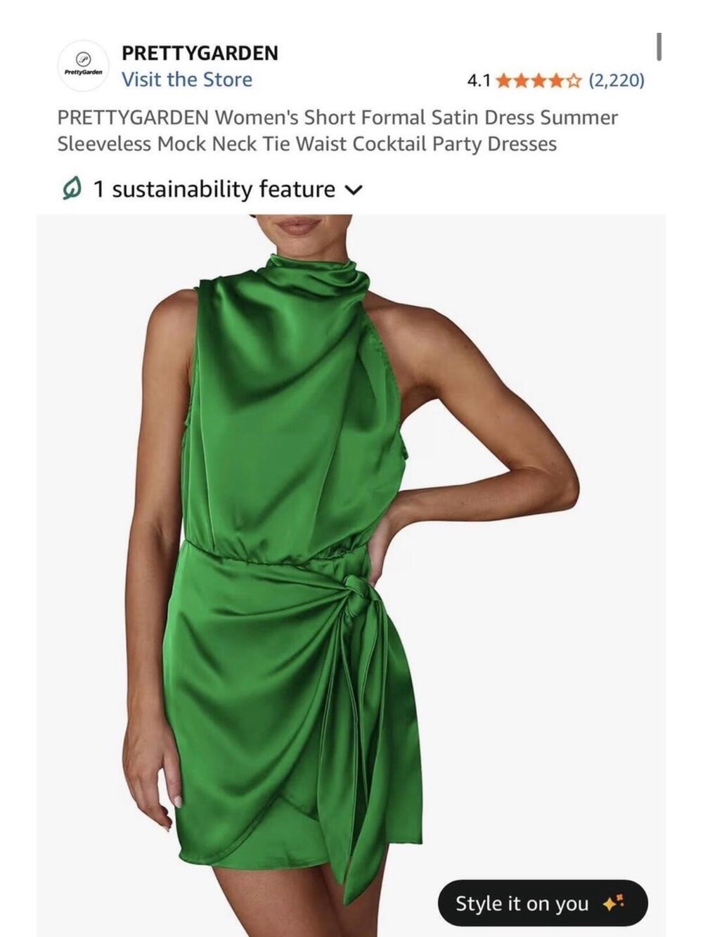 PRETTYGARDEN Emerald Green Satin Tie-Waist Mock Neck Dress